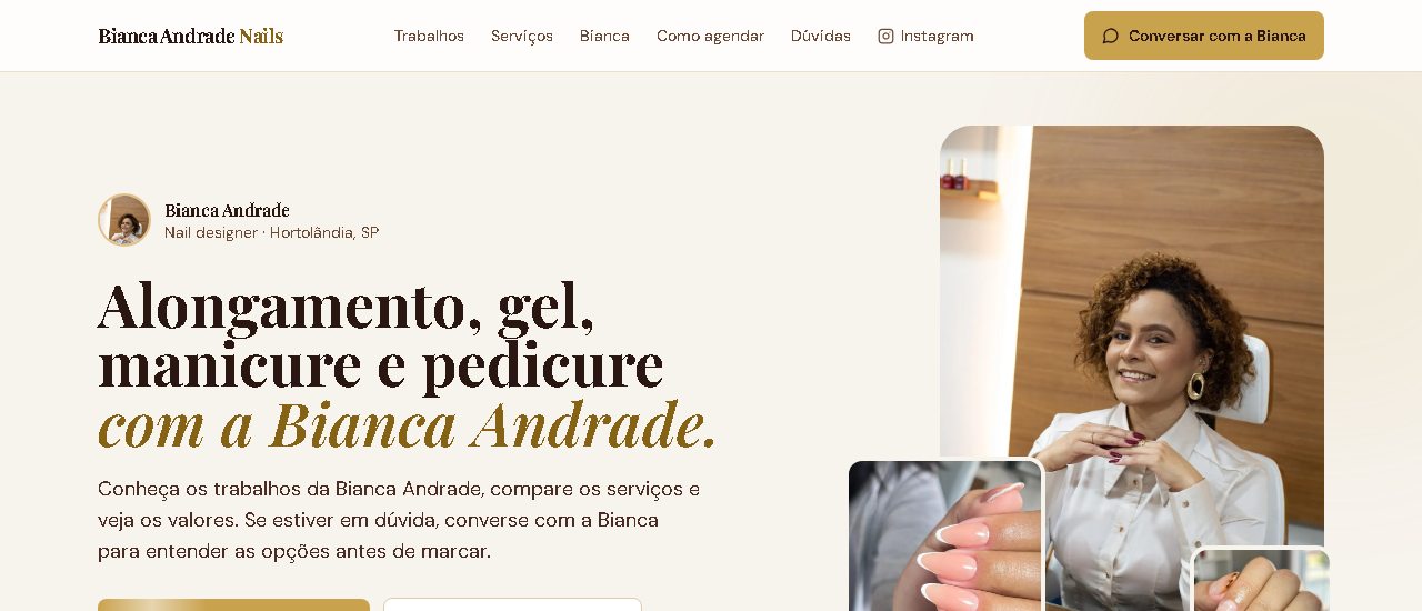 Site da Bianca Andrade Nails no ar: alongamento, gel, manicure e pedicure em Hortolândia, com botão para conversar no WhatsApp